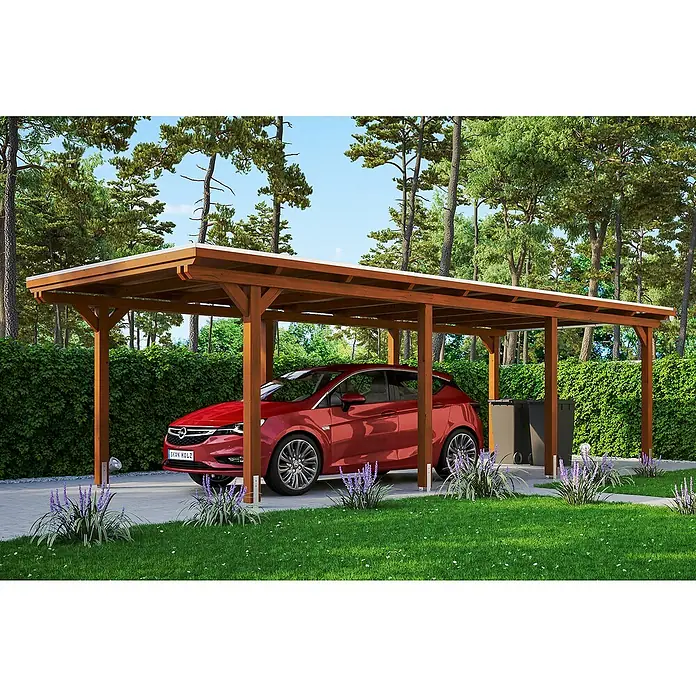 Skan Holz Carport Emsland - L x B: 846 x 354 cm, Einfahrtshöhe: 223 cm, Nussbaum, Materialspezifizierung Dach: Aluminium, Ohne Abstellraum - Anwendungsbeispiel
