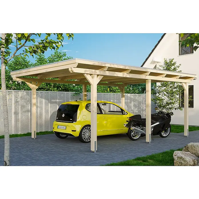 Skan Holz Carport Emsland - L x B: 604 x 404 cm, Einfahrtshöhe: 223 cm, Grün, Materialspezifizierung Dach: Aluminium - Anwendungsbeispiel
