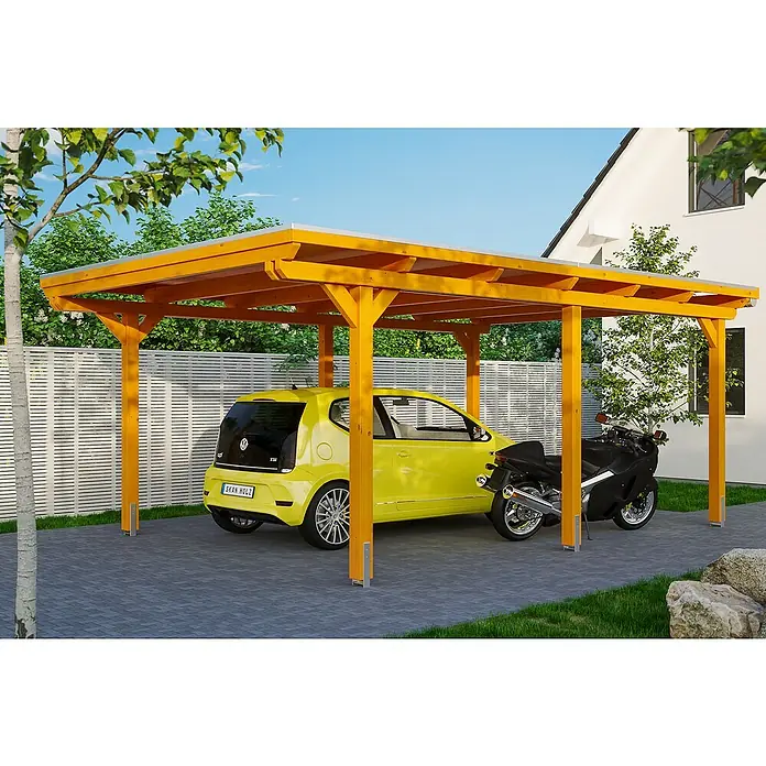 Skan Holz Carport Emsland - L x B: 604 x 404 cm, Einfahrtshöhe: 223 cm, Eiche Hell, Materialspezifizierung Dach: Aluminium - Anwendungsbeispiel