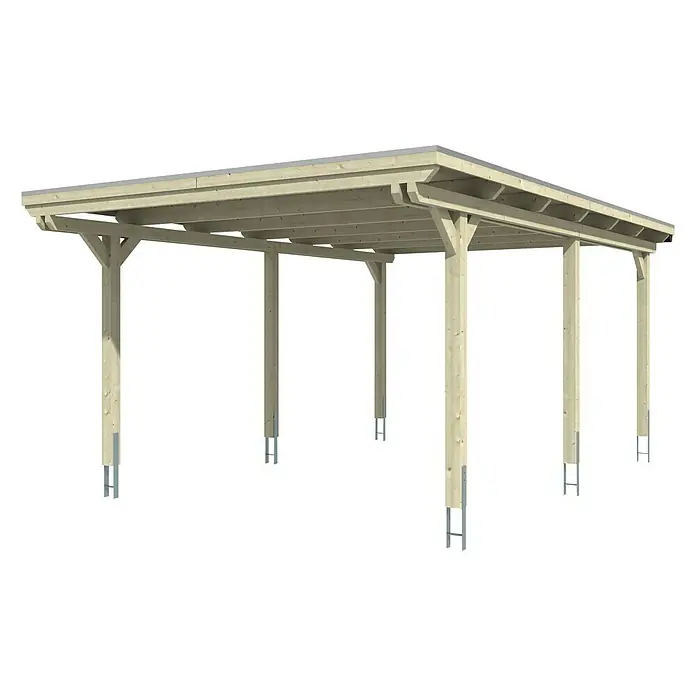 Skan Holz Carport Emsland - L x B: 604 x 404 cm, Einfahrtshöhe: 223 cm, Grün, Materialspezifizierung Dach: Aluminium - Diagonale Ansicht