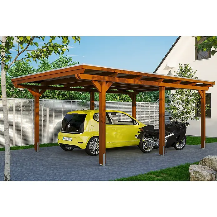 Skan Holz Carport Emsland - L x B: 604 x 404 cm, Einfahrtshöhe: 223 cm, Grün, Materialspezifizierung Dach: Aluminium - Anwendungsbeispiel