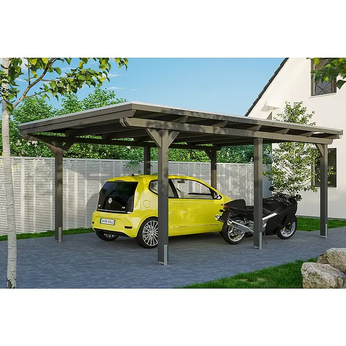 Skan Holz Carport Emsland - L x B: 604 x 404 cm, Einfahrtshöhe: 223 cm, Grün, Materialspezifizierung Dach: Aluminium - Anwendungsbeispiel