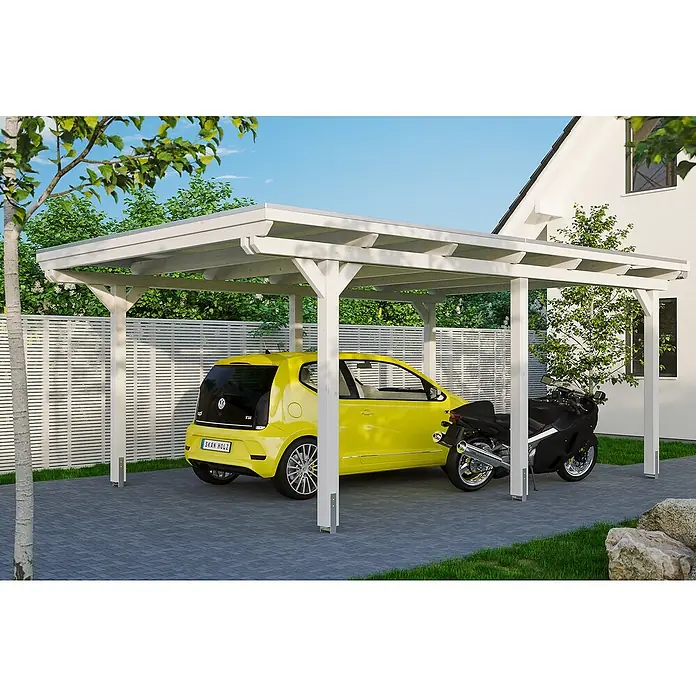 Skan Holz Carport Emsland - L x B: 604 x 404 cm, Einfahrtshöhe: 223 cm, Weiß, Materialspezifizierung Dach: EPDM-Folie - Anwendungsbeispiel