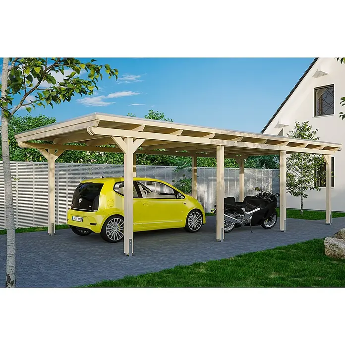 Skan Holz Carport Emsland - L x B: 846 x 404 cm, Einfahrtshöhe: 223 cm, Natur, Materialspezifizierung Dach: EPDM-Folie - Anwendungsbeispiel
