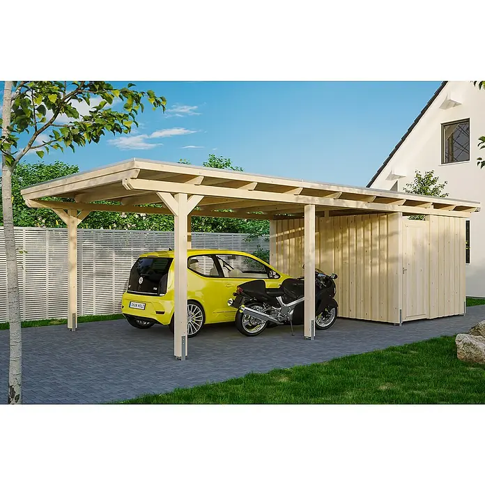 Skan Holz Carport Emsland - L x B: 846 x 404 cm, Einfahrtshöhe: 223 cm, Natur, Materialspezifizierung Dach: EPDM-Folie, Mit Abstellraum - Anwendungsbeispiel