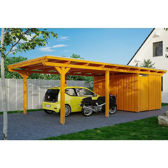 Skan Holz Carport Emsland - L x B: 846 x 404 cm, Einfahrtshöhe: 223 cm, Eiche Hell, Materialspezifizierung Dach: Aluminium, Mit Abstellraum - Anwendungsbeispiel
