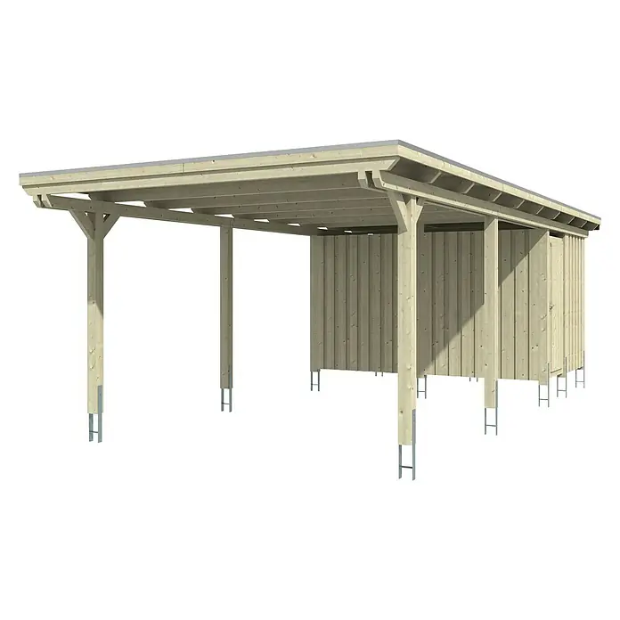 Skan Holz Carport Emsland - L x B: 846 x 404 cm, Einfahrtshöhe: 223 cm, Natur, Materialspezifizierung Dach: EPDM-Folie, Mit Abstellraum - Diagonale Ansicht