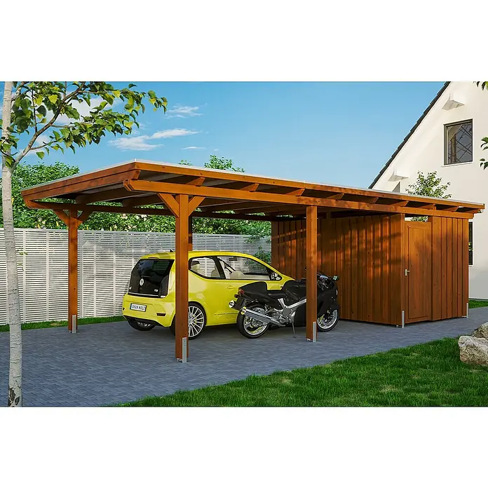 Skan Holz Carport Emsland - L x B: 846 x 404 cm, Einfahrtshöhe: 223 cm, Nussbaum, Materialspezifizierung Dach: EPDM-Folie, Mit Abstellraum - Anwendungsbeispiel