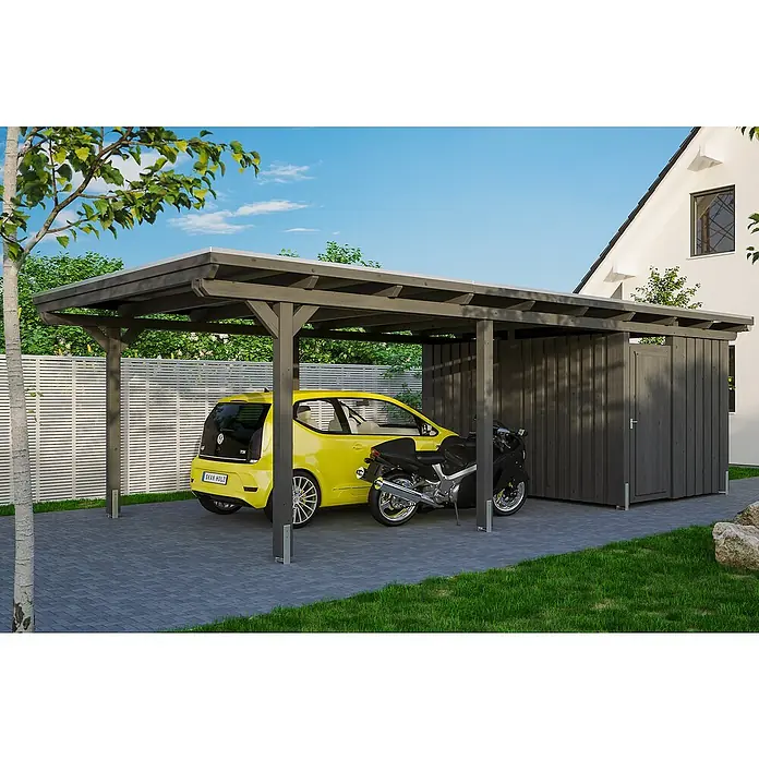 Skan Holz Carport Emsland - L x B: 846 x 404 cm, Einfahrtshöhe: 223 cm, Schiefergrau, Materialspezifizierung Dach: EPDM-Folie, Mit Abstellraum - Anwendungsbeispiel