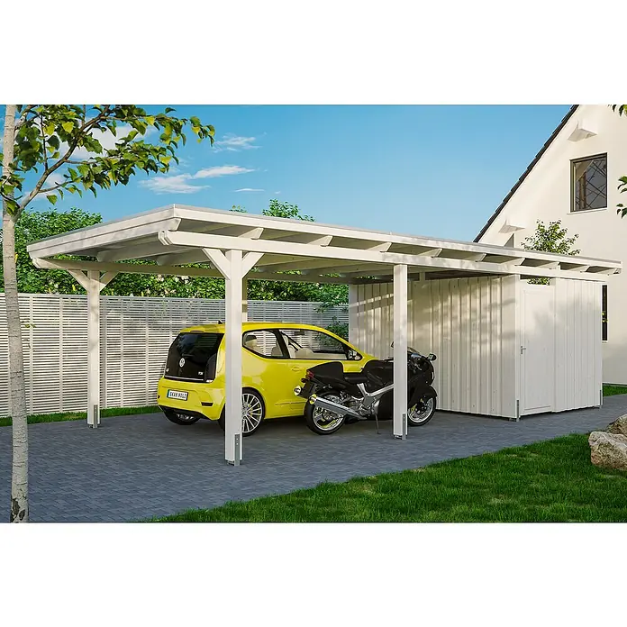 Skan Holz Carport Emsland - L x B: 846 x 404 cm, Einfahrtshöhe: 223 cm, Weiß, Materialspezifizierung Dach: EPDM-Folie, Mit Abstellraum - Anwendungsbeispiel