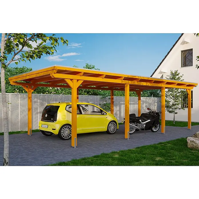 Skan Holz Carport Emsland - L x B: 846 x 404 cm, Einfahrtshöhe: 223 cm, Eiche Hell, Materialspezifizierung Dach: Aluminium - Anwendungsbeispiel