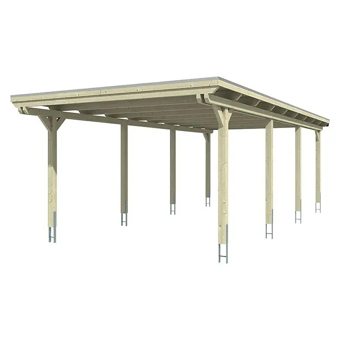 Skan Holz Carport Emsland - L x B: 846 x 404 cm, Einfahrtshöhe: 223 cm, Nussbaum, Materialspezifizierung Dach: EPDM-Folie - Diagonale Ansicht