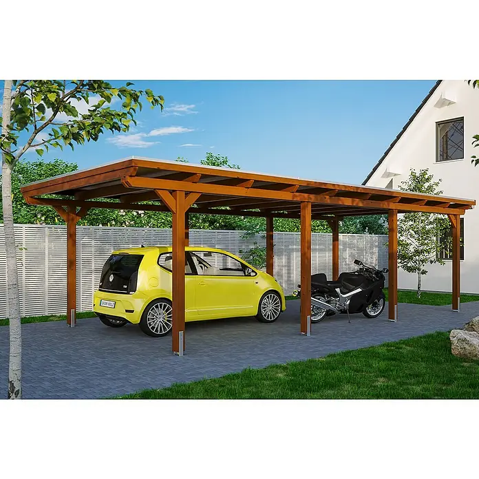 Skan Holz Carport Emsland - L x B: 846 x 404 cm, Einfahrtshöhe: 223 cm, Nussbaum, Materialspezifizierung Dach: EPDM-Folie - Anwendungsbeispiel