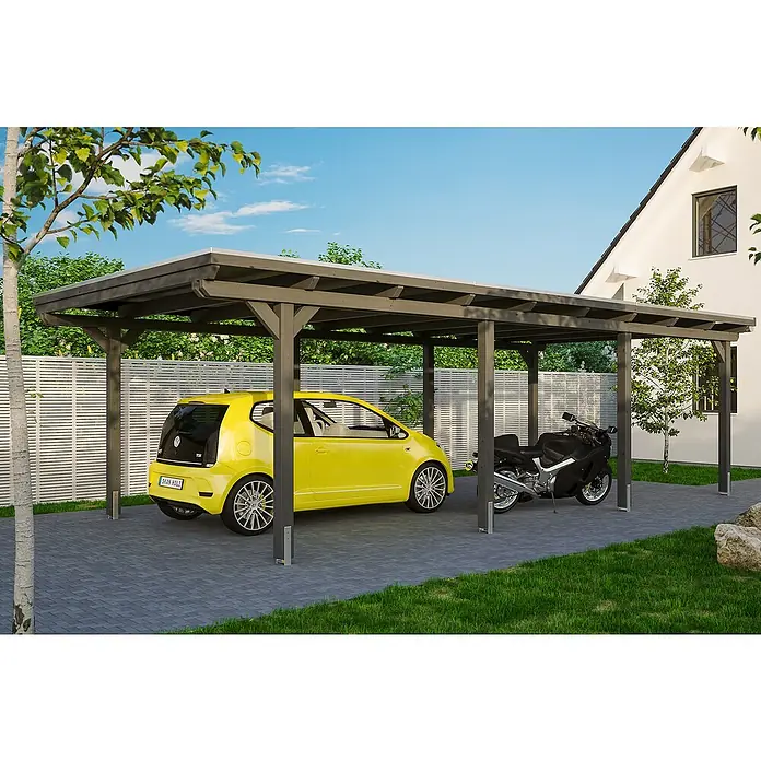 Skan Holz Carport Emsland - L x B: 846 x 404 cm, Einfahrtshöhe: 223 cm, Schiefergrau, Materialspezifizierung Dach: Aluminium - Anwendungsbeispiel