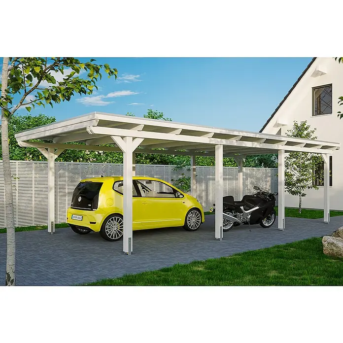 Skan Holz Carport Emsland - L x B: 846 x 404 cm, Einfahrtshöhe: 223 cm, Weiß, Materialspezifizierung Dach: EPDM-Folie - Anwendungsbeispiel