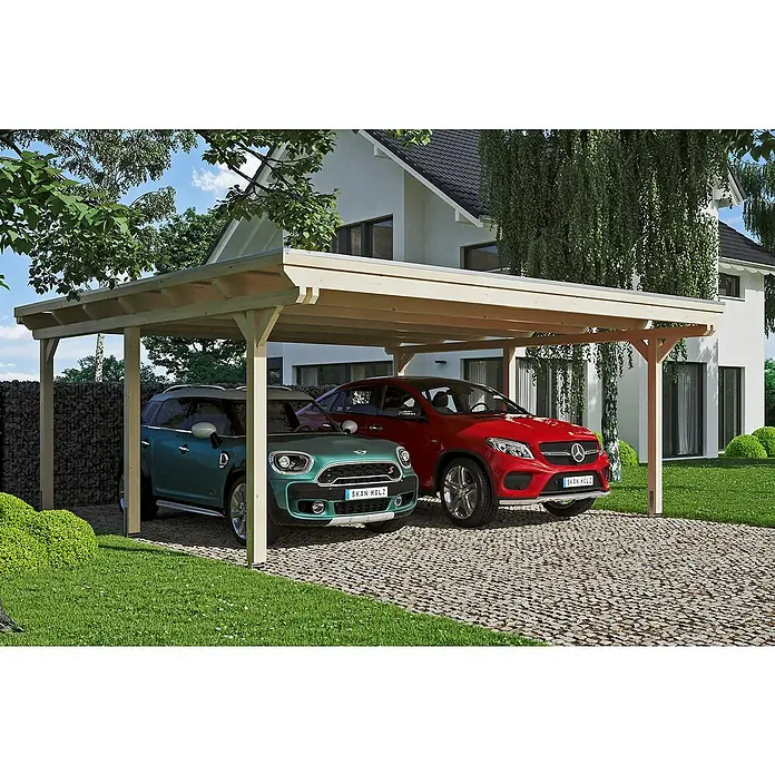 Skan Holz Doppelcarport Emsland - L x B: 604 x 613 cm, Einfahrtshöhe: 223 cm - Anwendungsbeispiel