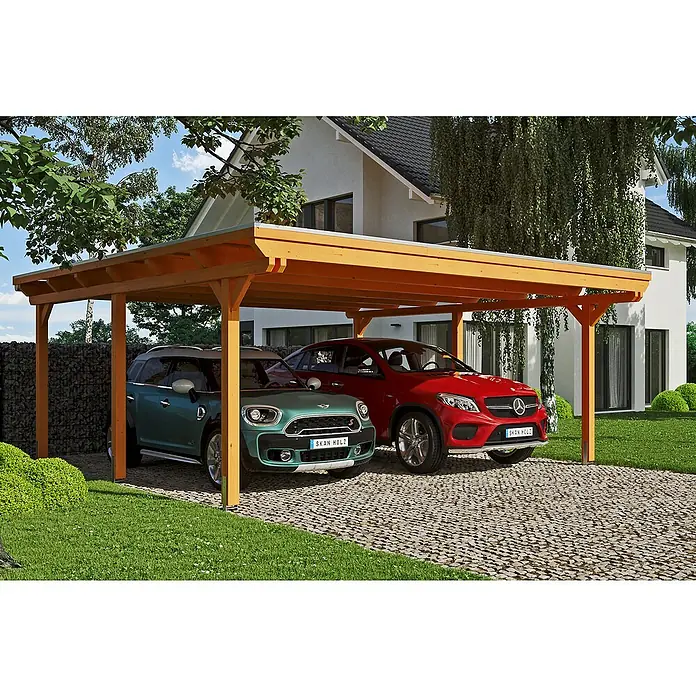 Skan Holz Doppelcarport Emsland - L x B: 604 x 613 cm, Einfahrtshöhe: 223 cm, Eiche Hell, Materialspezifizierung Dach: Aluminium - Anwendungsbeispiel