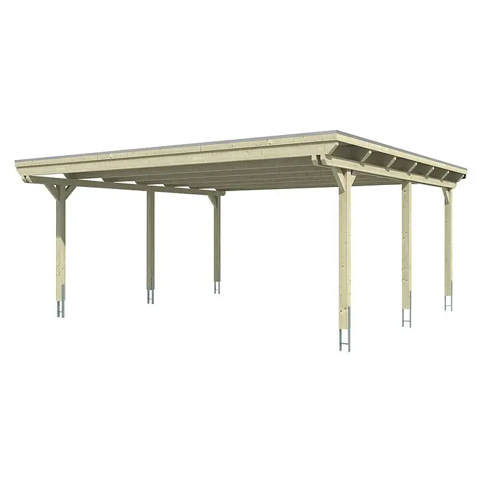 Skan Holz Doppelcarport Emsland - L x B: 604 x 613 cm, Einfahrtshöhe: 223 cm, Eiche Hell, Materialspezifizierung Dach: Aluminium - Diagonale Ansicht