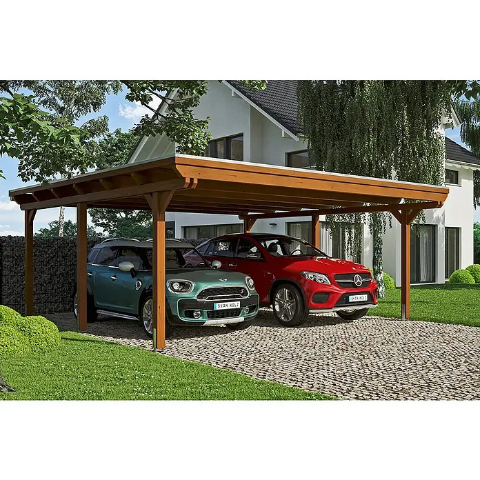 Skan Holz Doppelcarport Emsland - L x B: 604 x 613 cm, Einfahrtshöhe: 223 cm, Grün, Materialspezifizierung Dach: Aluminium - Anwendungsbeispiel