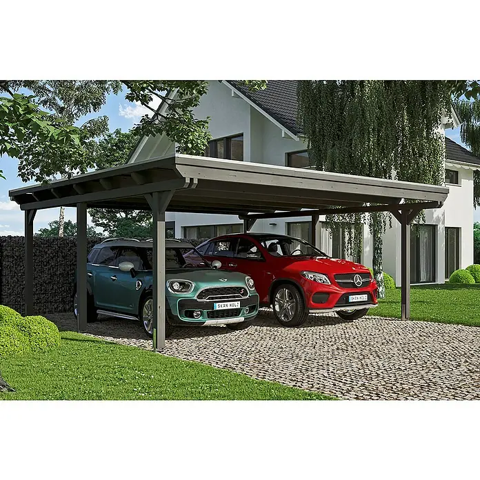 Skan Holz Doppelcarport Emsland - L x B: 604 x 613 cm, Einfahrtshöhe: 223 cm, Schiefergrau, Materialspezifizierung Dach: EPDM-Folie - Anwendungsbeispiel