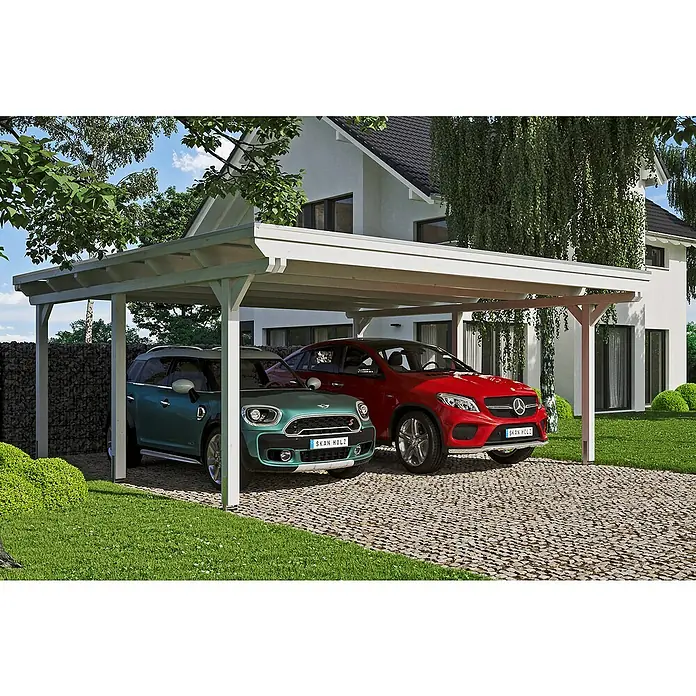 Skan Holz Doppelcarport Emsland - L x B: 604 x 613 cm, Einfahrtshöhe: 223 cm, Weiß, Materialspezifizierung Dach: EPDM-Folie - Anwendungsbeispiel