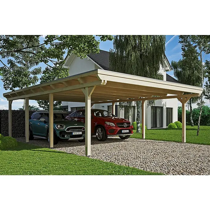 Skan Holz Doppelcarport Emsland - L x B: 846 x 613 cm, Einfahrtshöhe: 223 cm, Natur, Materialspezifizierung Dach: EPDM-Folie - Anwendungsbeispiel