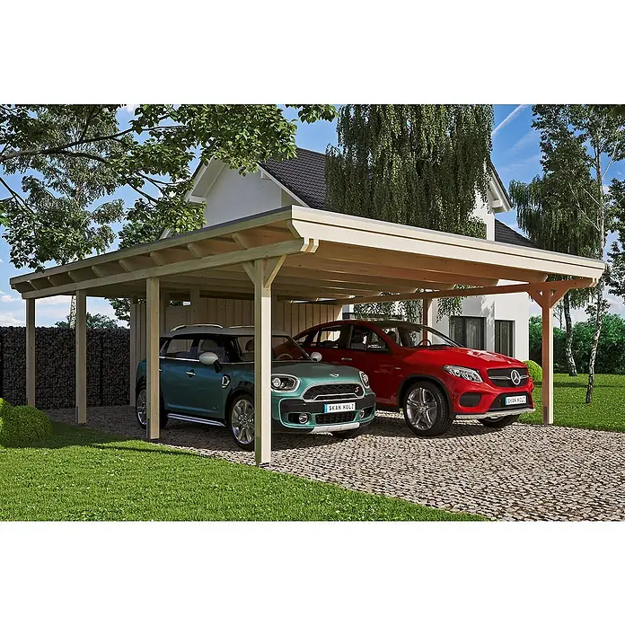 Skan Holz Doppelcarport Emsland - L x B: 846 x 613 cm, Einfahrtshöhe: 223 cm, Natur, Materialspezifizierung Dach: Aluminium, Mit Abstellraum - Anwendungsbeispiel
