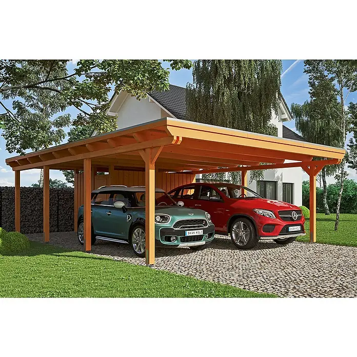 Skan Holz Doppelcarport Emsland - L x B: 846 x 613 cm, Einfahrtshöhe: 223 cm, Eiche Hell, Materialspezifizierung Dach: Aluminium, Mit Abstellraum - Anwendungsbeispiel