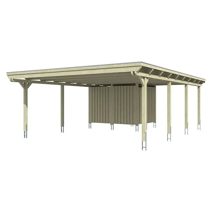 Skan Holz Doppelcarport Emsland - L x B: 846 x 613 cm, Einfahrtshöhe: 223 cm, Natur, Materialspezifizierung Dach: Aluminium, Mit Abstellraum - Diagonale Ansicht