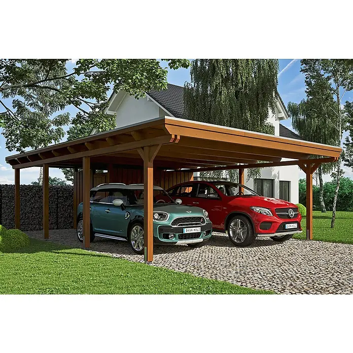 Skan Holz Doppelcarport Emsland - L x B: 846 x 613 cm, Einfahrtshöhe: 223 cm, Nussbaum, Materialspezifizierung Dach: EPDM-Folie, Mit Abstellraum - Anwendungsbeispiel