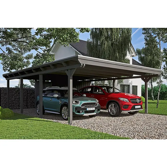 Skan Holz Doppelcarport Emsland - L x B: 846 x 613 cm, Einfahrtshöhe: 223 cm, Schiefergrau, Materialspezifizierung Dach: EPDM-Folie, Mit Abstellraum - Anwendungsbeispiel