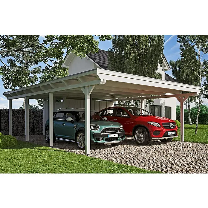 Skan Holz Doppelcarport Emsland - L x B: 846 x 613 cm, Einfahrtshöhe: 223 cm, Weiß, Materialspezifizierung Dach: EPDM-Folie, Mit Abstellraum - Anwendungsbeispiel