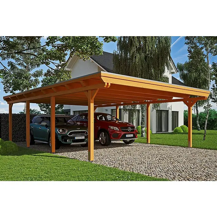 Skan Holz Doppelcarport Emsland - L x B: 846 x 613 cm, Einfahrtshöhe: 223 cm, Eiche Hell, Materialspezifizierung Dach: EPDM-Folie - Anwendungsbeispiel