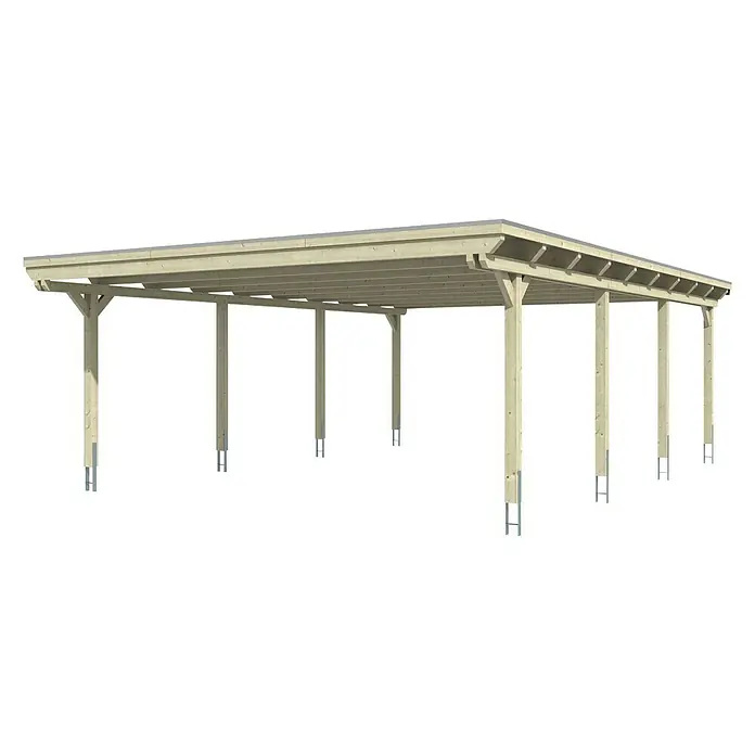 Skan Holz Doppelcarport Emsland - L x B: 846 x 613 cm, Einfahrtshöhe: 223 cm, Eiche Hell, Materialspezifizierung Dach: EPDM-Folie - Diagonale Ansicht