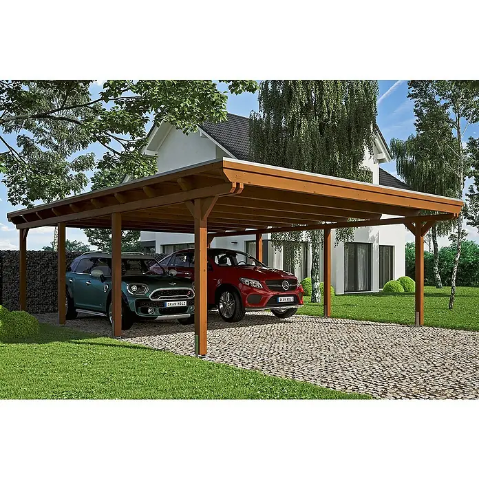 Skan Holz Doppelcarport Emsland - L x B: 846 x 613 cm, Einfahrtshöhe: 223 cm, Nussbaum, Materialspezifizierung Dach: Aluminium - Anwendungsbeispiel