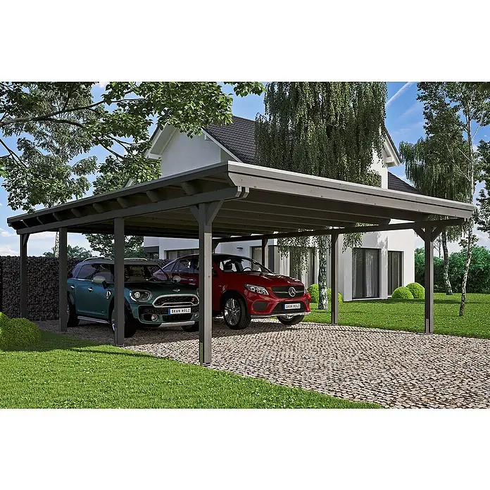 Skan Holz Doppelcarport Emsland - L x B: 846 x 613 cm, Einfahrtshöhe: 223 cm, Schiefergrau, Materialspezifizierung Dach: Aluminium - Anwendungsbeispiel