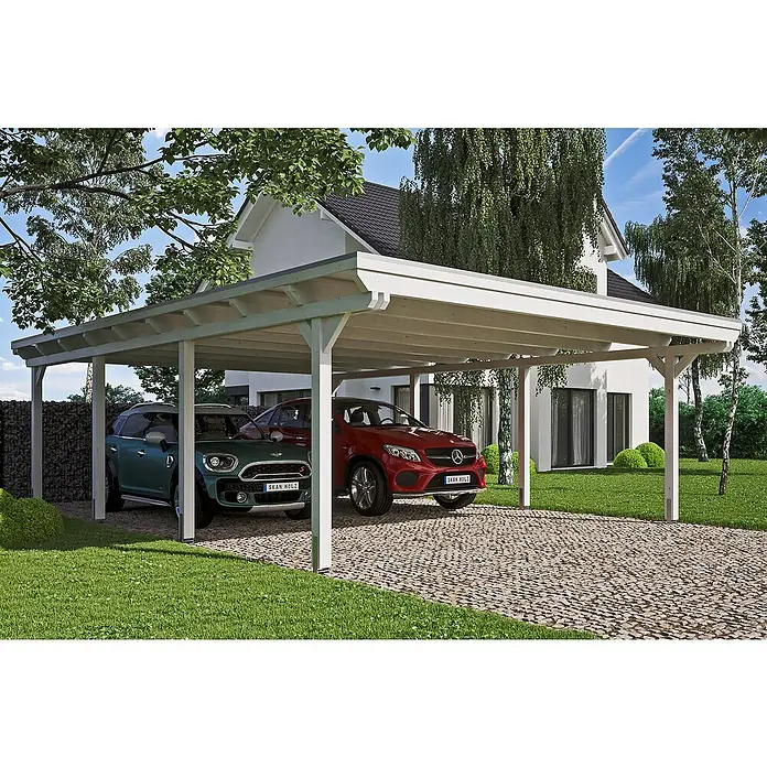 Skan Holz Doppelcarport Emsland - L x B: 846 x 613 cm, Einfahrtshöhe: 223 cm, Weiß, Materialspezifizierung Dach: Aluminium - Anwendungsbeispiel