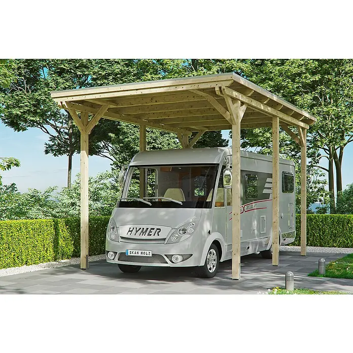 Skan Holz Carport Emsland - B x T: 404 x 604 cm, Einfahrtshöhe: 353 cm, Geeignet für: Caravans, Natur - Anwendungsbeispiel