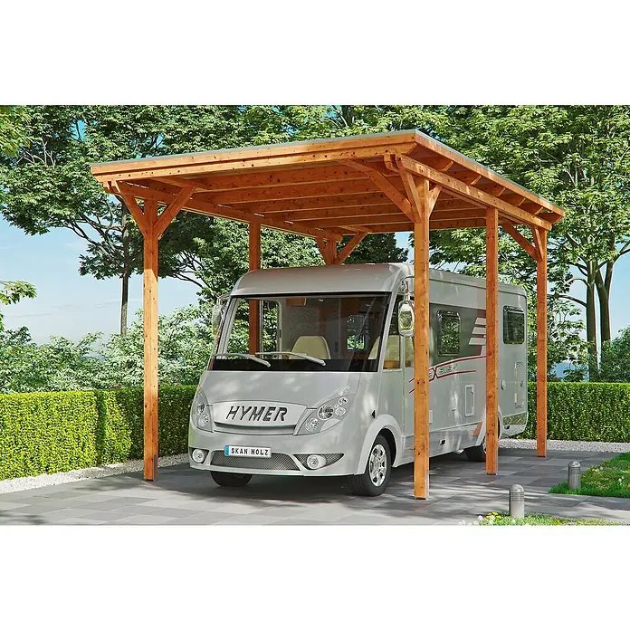Skan Holz Carport Emsland - B x T: 404 x 604 cm, Einfahrtshöhe: 353 cm, Geeignet für: Caravans, Eiche - Anwendungsbeispiel