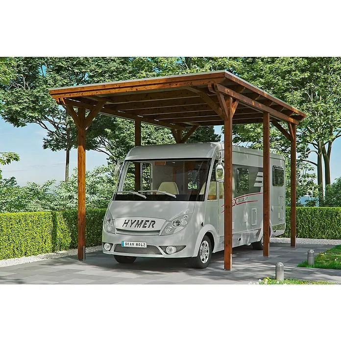 Skan Holz Carport Emsland - B x T: 404 x 604 cm, Einfahrtshöhe: 353 cm, Geeignet für: Caravans, Nussbaum - Anwendungsbeispiel