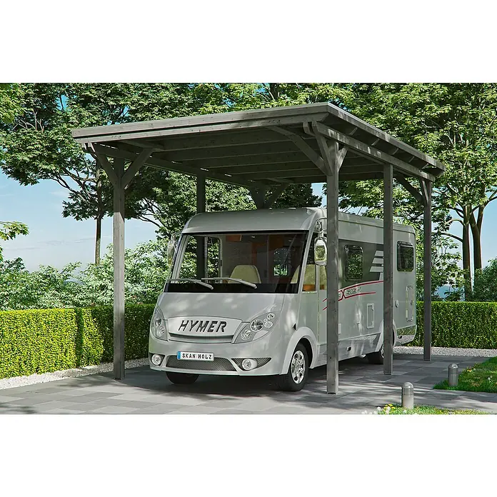 Skan Holz Carport Emsland - B x T: 404 x 604 cm, Einfahrtshöhe: 353 cm, Geeignet für: Caravans, Schiefergrau - Anwendungsbeispiel