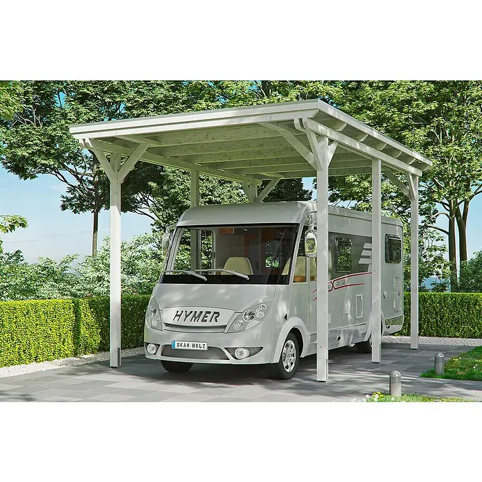 Skan Holz Carport Emsland - B x T: 404 x 604 cm, Einfahrtshöhe: 353 cm, Geeignet für: Caravans, Weiß - Anwendungsbeispiel