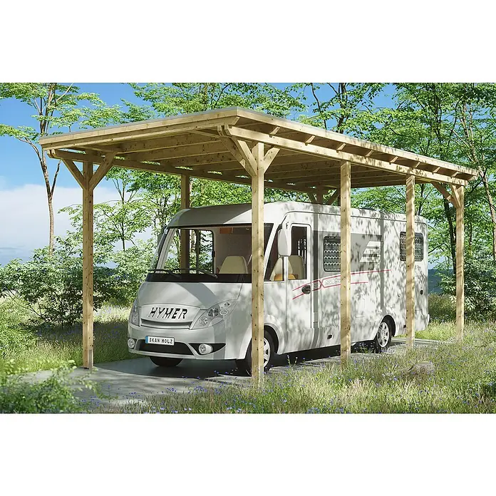 Skan Holz Carport Emsland - L x B: 846 x 404 cm, Einfahrtshöhe: 223 cm, Geeignet für: Caravans - Anwendungsbeispiel
