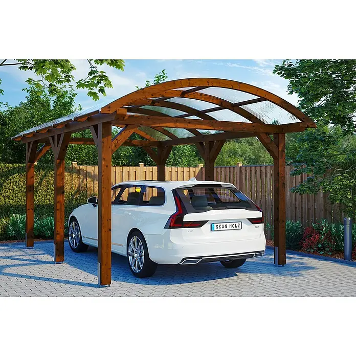 Skan Holz Carport Franken - B x T: 376 x 541 cm, Einfahrtshöhe: 220 cm, Nussbaum - Anwendungsbeispiel