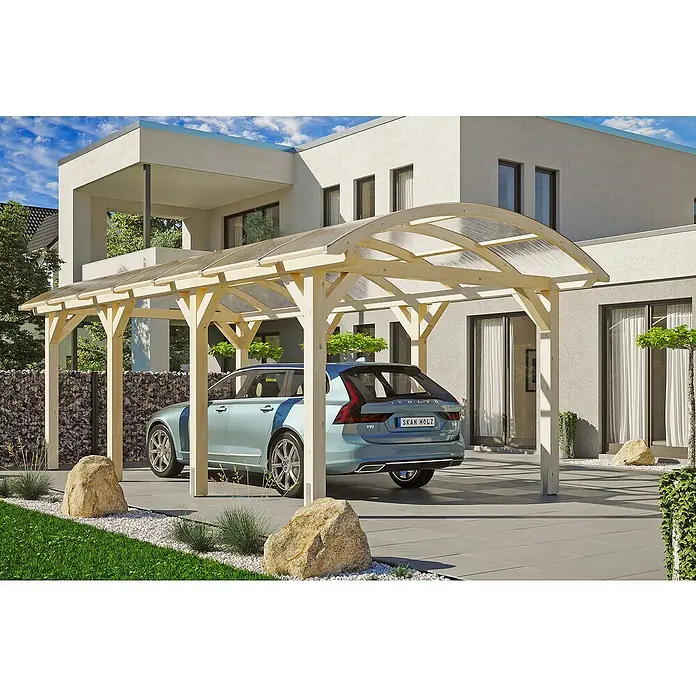 Skan Holz Carport Franken - L x B: 755 x 376 cm, Einfahrtshöhe: 220 cm, Natur - Anwendungsbeispiel