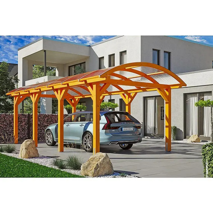 Skan Holz Carport Franken - L x B: 755 x 376 cm, Einfahrtshöhe: 220 cm, Eiche Hell - Anwendungsbeispiel