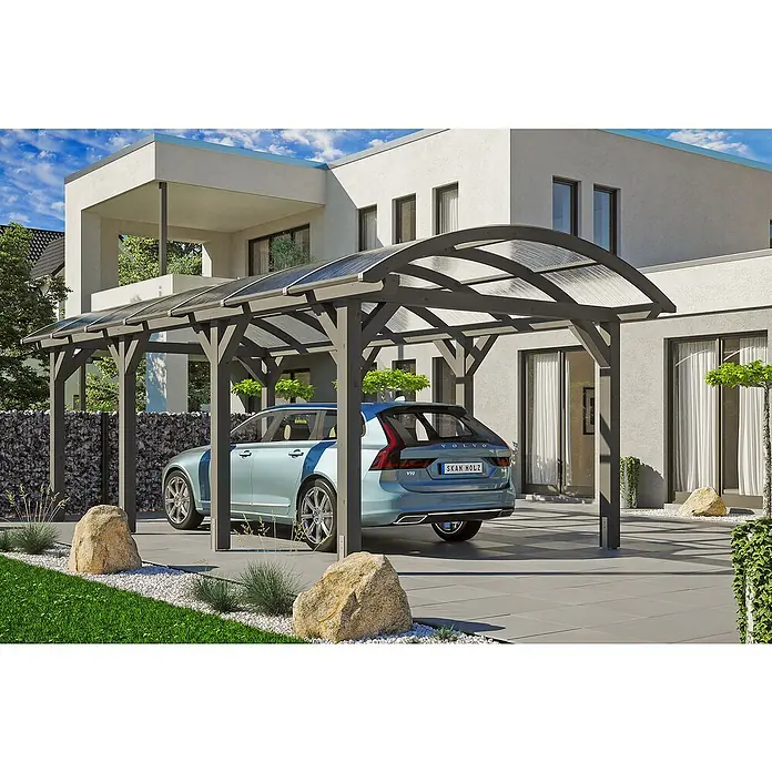 Skan Holz Carport Franken - L x B: 755 x 376 cm, Einfahrtshöhe: 220 cm, Schiefergrau - Anwendungsbeispiel