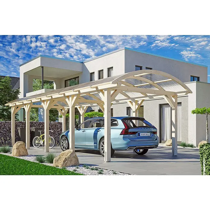 Skan Holz Carport Franken - L x B: 969 x 376 cm, Einfahrtshöhe: 220 cm, Natur - Anwendungsbeispiel