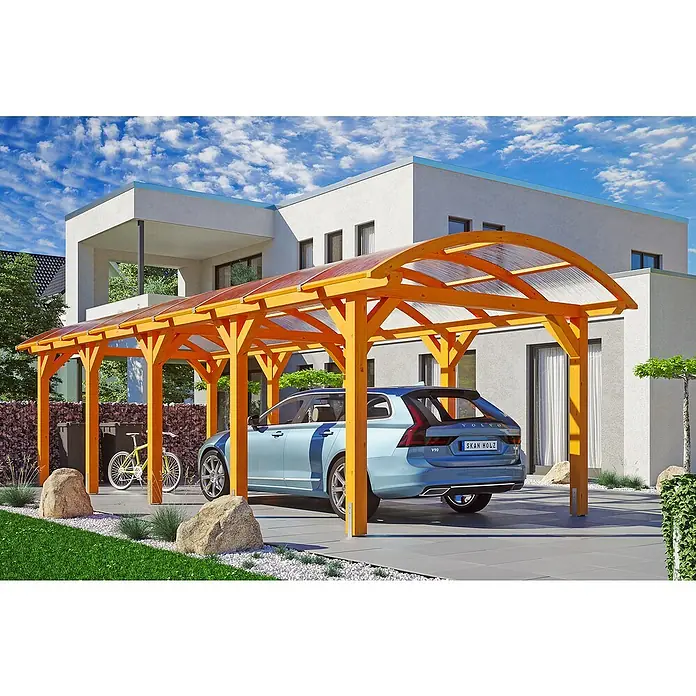 Skan Holz Carport Franken - L x B: 969 x 376 cm, Einfahrtshöhe: 220 cm, Eiche Hell - Anwendungsbeispiel