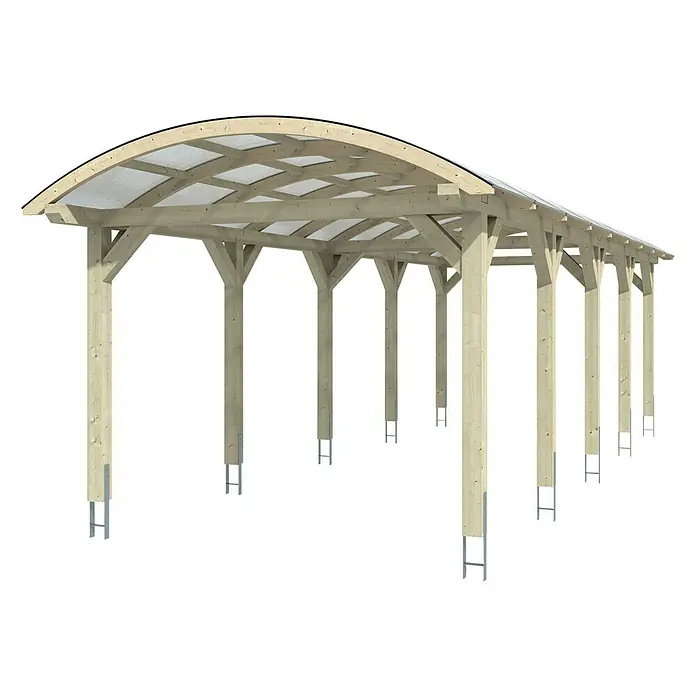 Skan Holz Carport Franken - L x B: 969 x 376 cm, Einfahrtshöhe: 220 cm, Natur - Diagonale Ansicht
